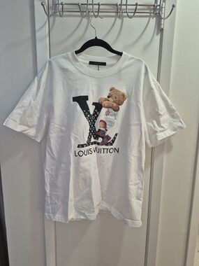 Louis Vuitton White Tee with Teddy and Black LV Logo